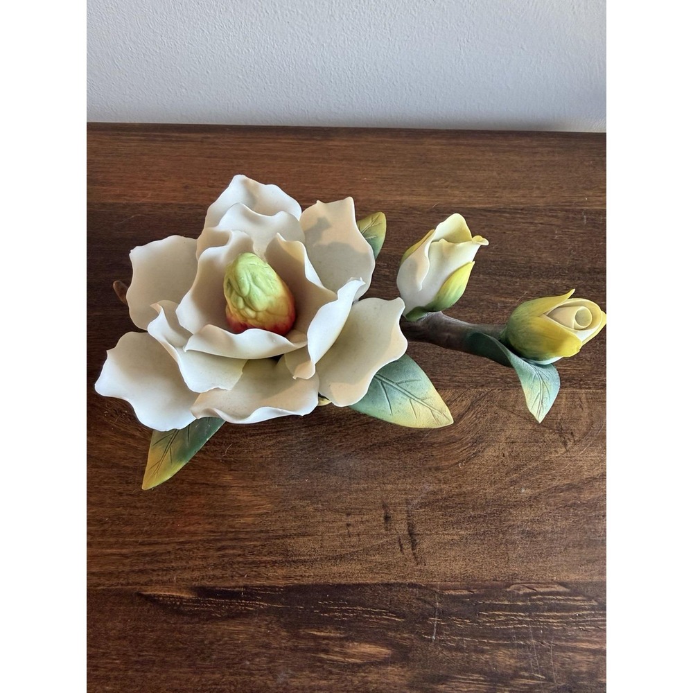 Vintage Unbranded White Porcelain Magnolia Green Leaves On Log Figurine